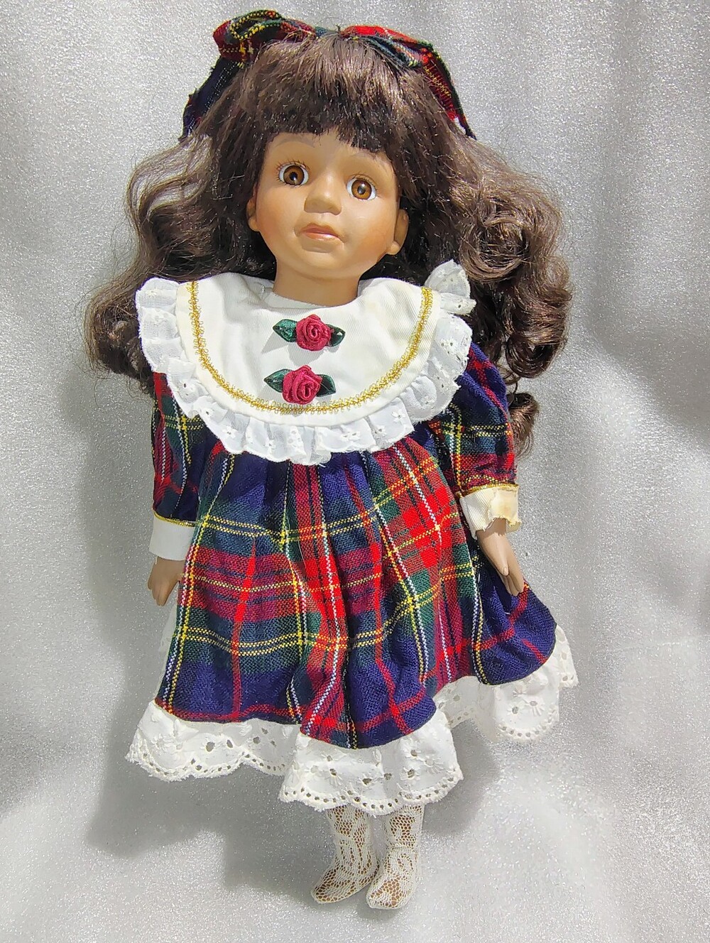 Vintage Alicia 16” Porcelain Doll Plaid Dress Name Tag TLC